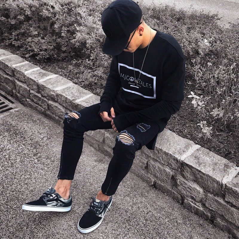 Slim fit Ripped Destroyed Stretch Pants Black Denim Jeans