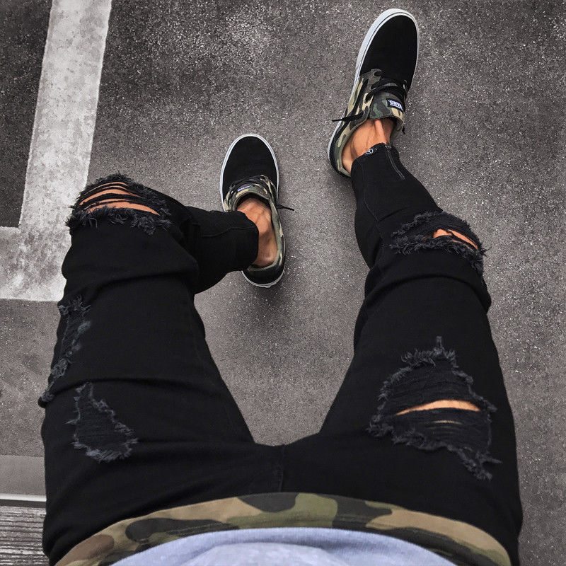 Slim fit Ripped Destroyed Stretch Pants Black Denim Jeans