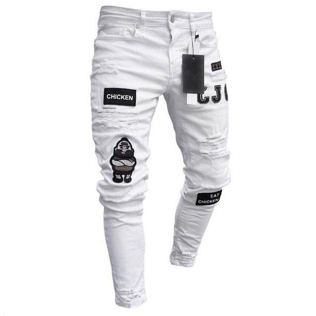 Men Stretchy Ripped Skinny Embroidery Jeans