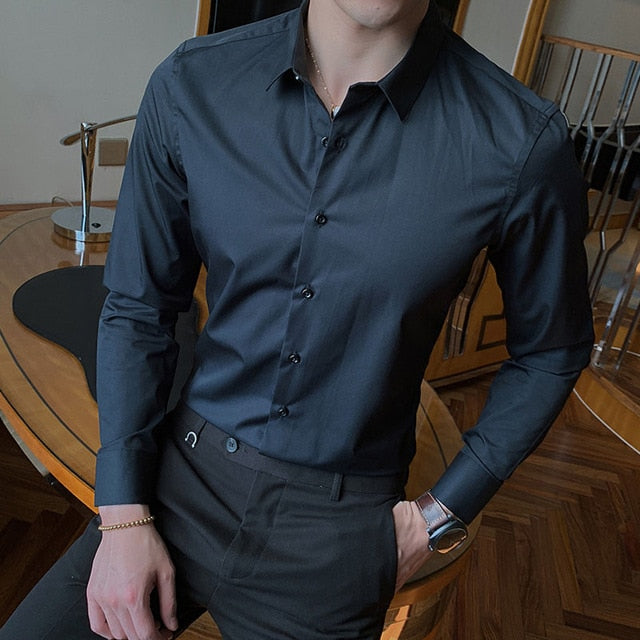 Fashion Long Sleeve Shirt Solid Slim Fit Casual Dress Shirt