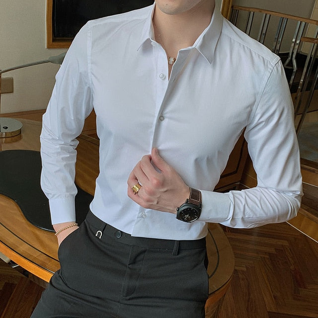 Fashion Long Sleeve Shirt Solid Slim Fit Casual Dress Shirt