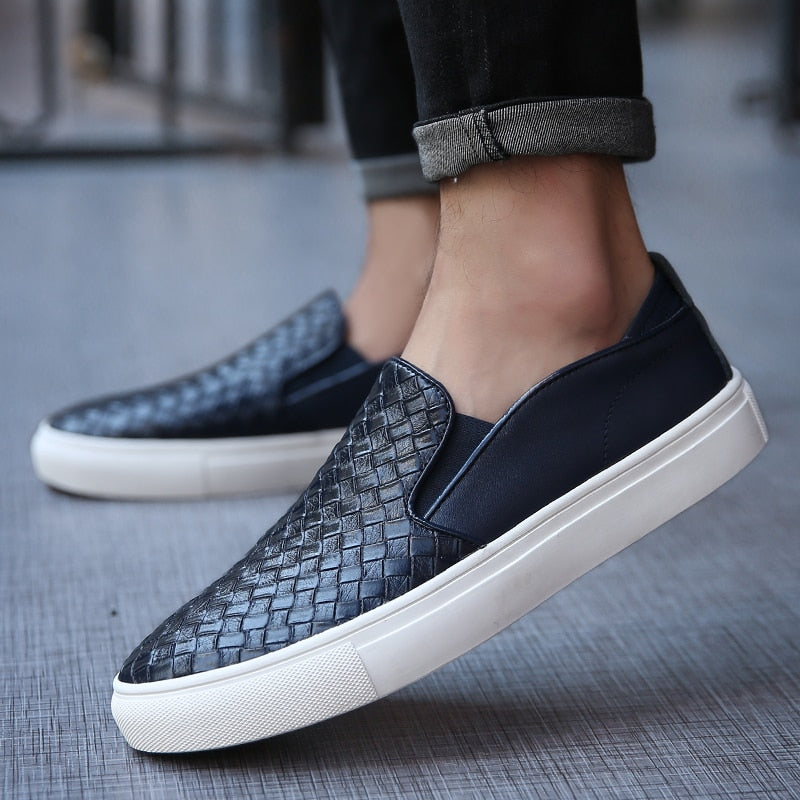 Casual Loafers Male Sneakers Weaving Leather Dress Shoes