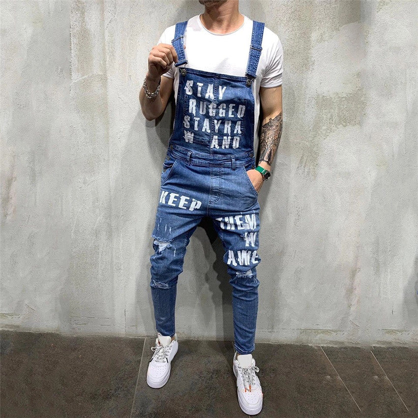 Fashion Distressed Denim Suspender Pants