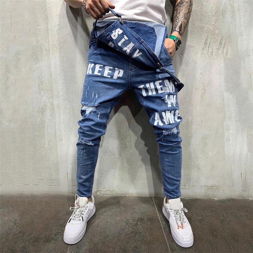 Fashion Distressed Denim Suspender Pants