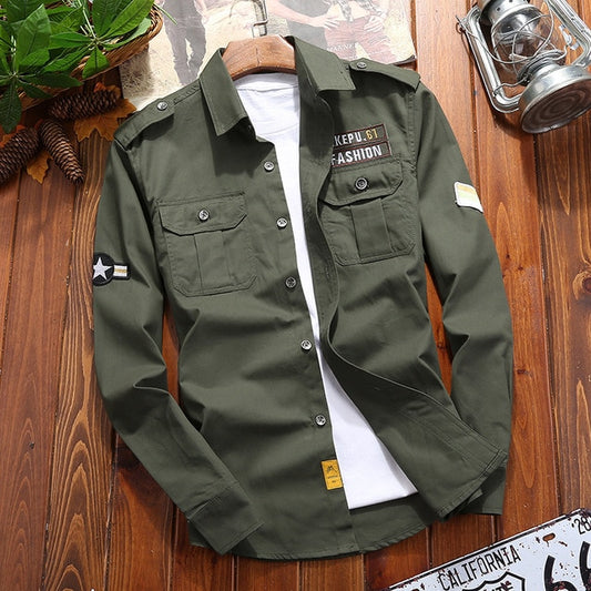 Men's Military Casual Retro Slim Fit Long Sleeve Vintage Shirt