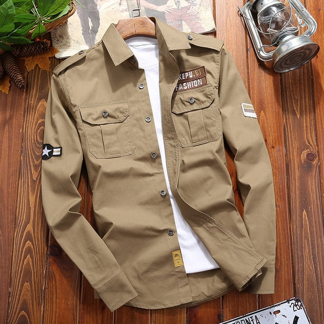 Men's Military Casual Retro Slim Fit Long Sleeve Vintage Shirt