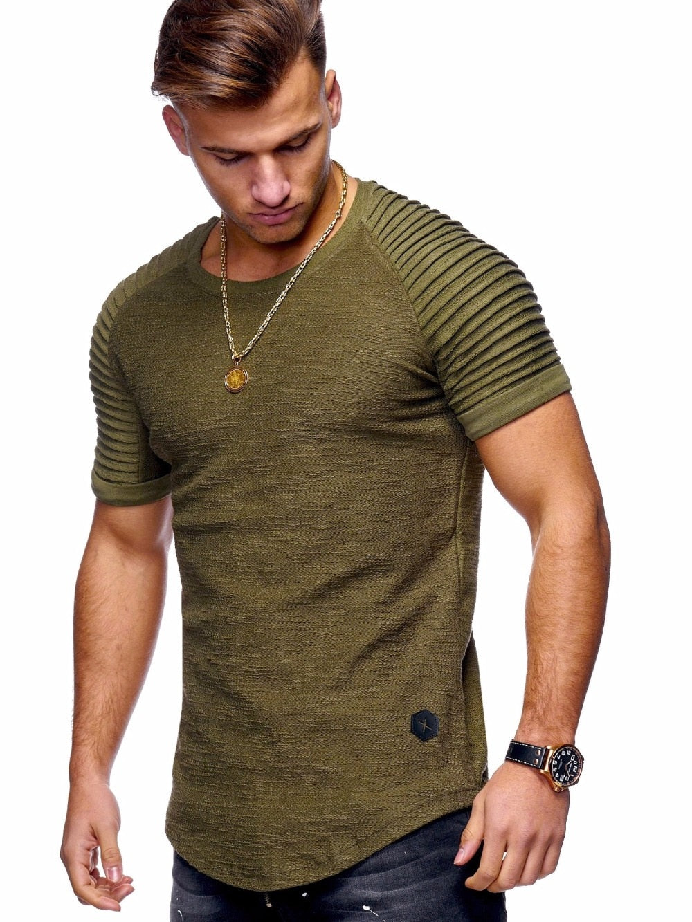 Pleated Patch Long Sleeve Men Spring Casual  T-Shirt Tops
