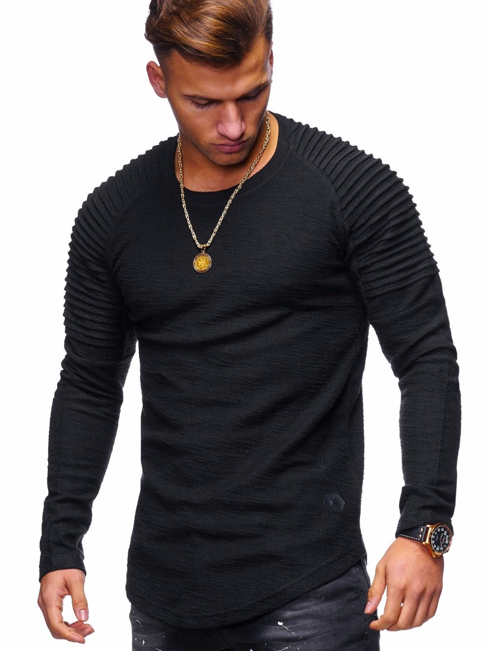 Pleated Patch Long Sleeve Men Spring Casual  T-Shirt Tops
