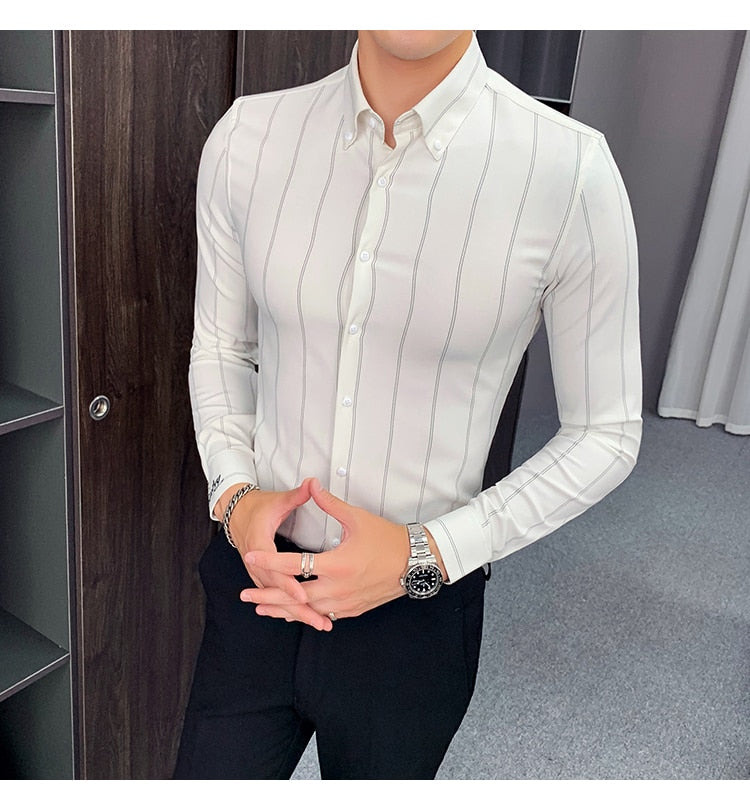 High-Quality Men Long Sleeve Vertical Stripes Slim Fit Casual Formal Shirt