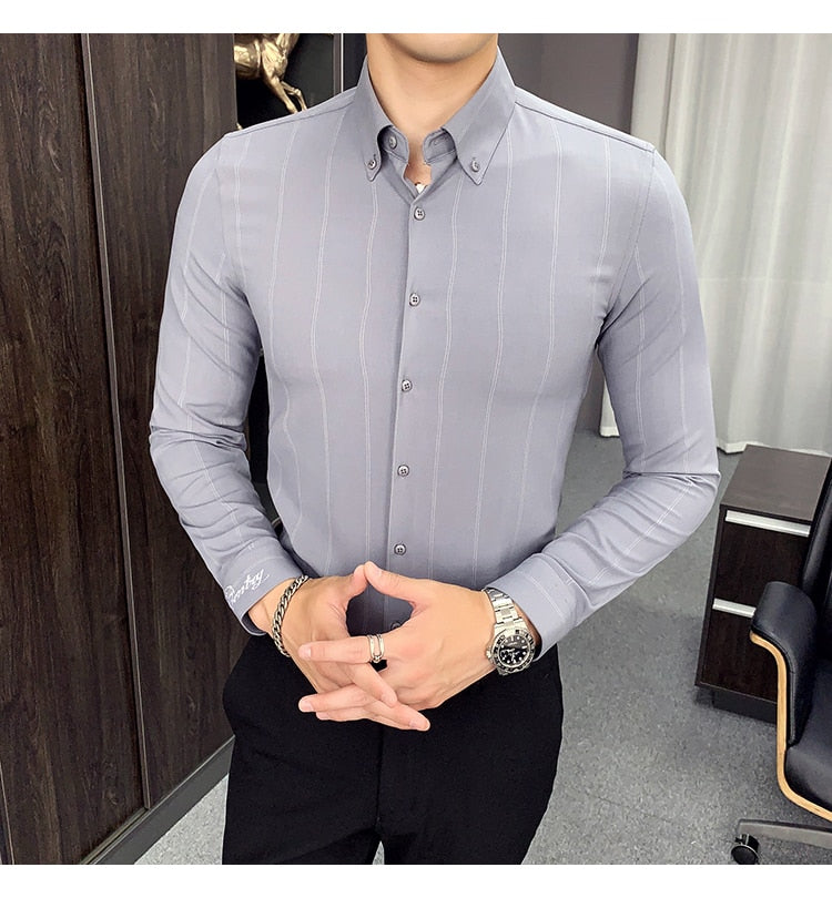 High-Quality Men Long Sleeve Vertical Stripes Slim Fit Casual Formal Shirt