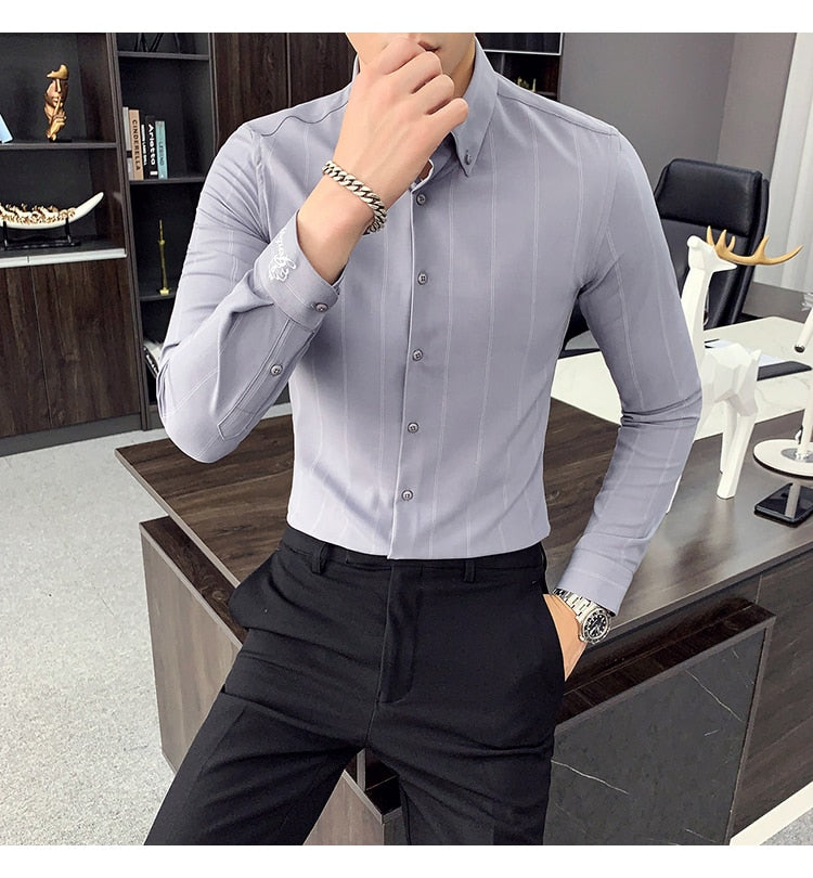 High-Quality Men Long Sleeve Vertical Stripes Slim Fit Casual Formal Shirt