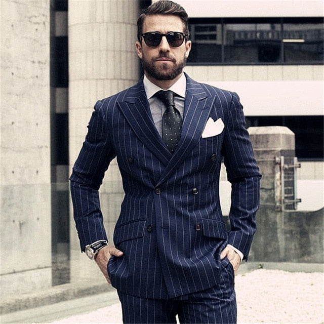Men Suit Stripe Vintage Tailored Slim Fit Business Suits Dinner Suits Groom Wear 2Piece (Jacket + Pants)