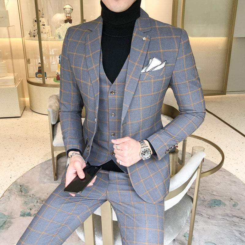 British 3Piece Men Formal Plaid Slim Fit Suit