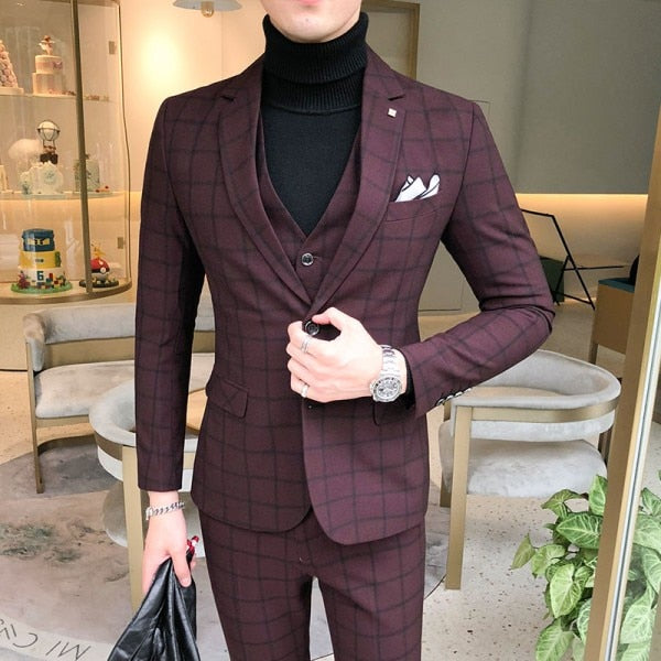 British 3Piece Men Formal Plaid Slim Fit Suit