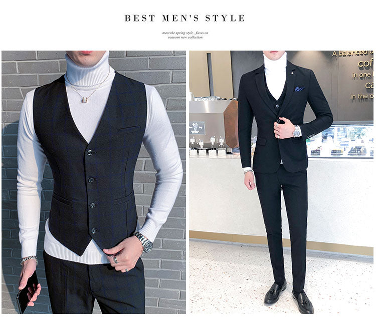 British 3Piece Men Formal Plaid Slim Fit Suit