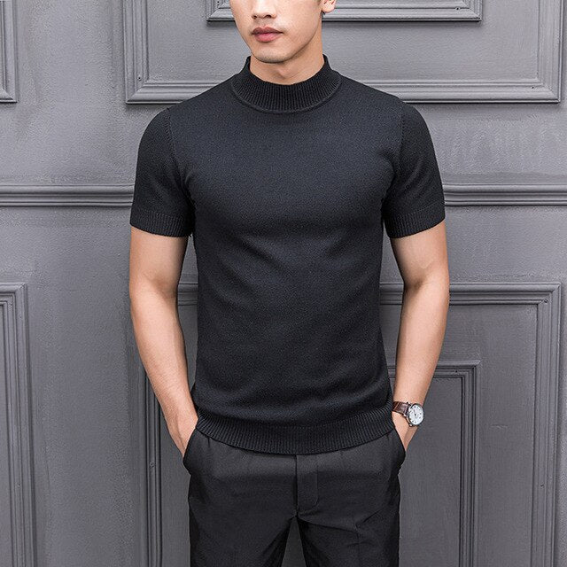 Semi-High Collar Knitting For Male Half-Sleeved Men Sweater