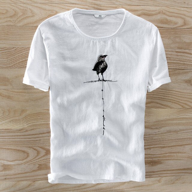 Funny Bird Cartoon Embroidery Linen T-shirt
