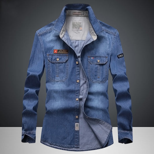 Denim Shirts Men Casual Long Sleeve Tops Fashion Slim-fit Jeans Shirt