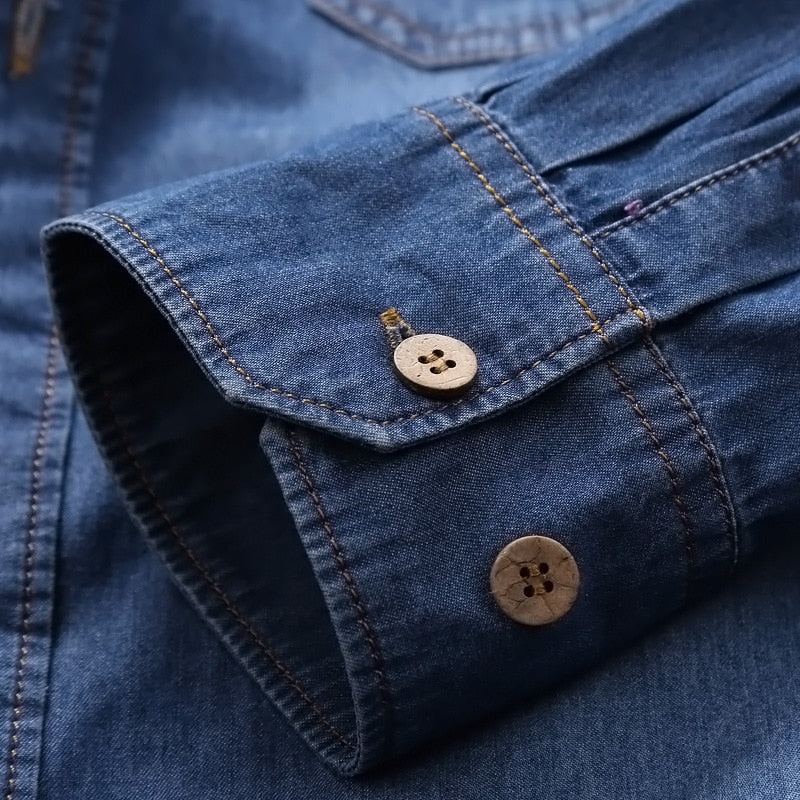 Denim Shirts Men Casual Long Sleeve Tops Fashion Slim-fit Jeans Shirt