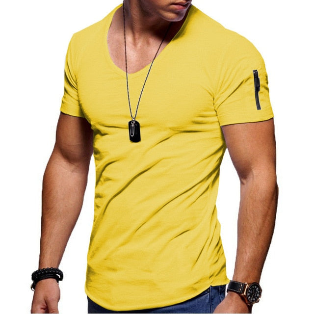 Men V-neck Cotton T-shirt Short-Sleeved Zipper Casual