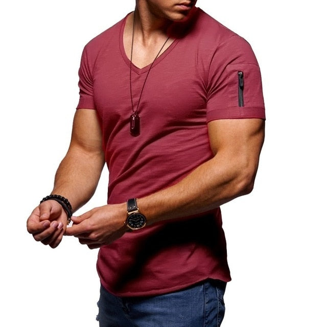 Men V-neck Cotton T-shirt Short-Sleeved Zipper Casual