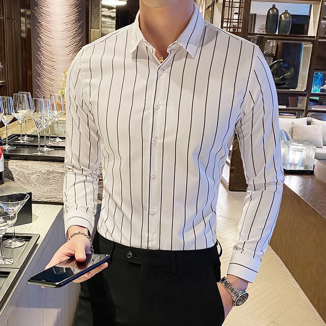 Fashion Men Shirts Button Down Slim Fit Long Sleeve Striped Shirts