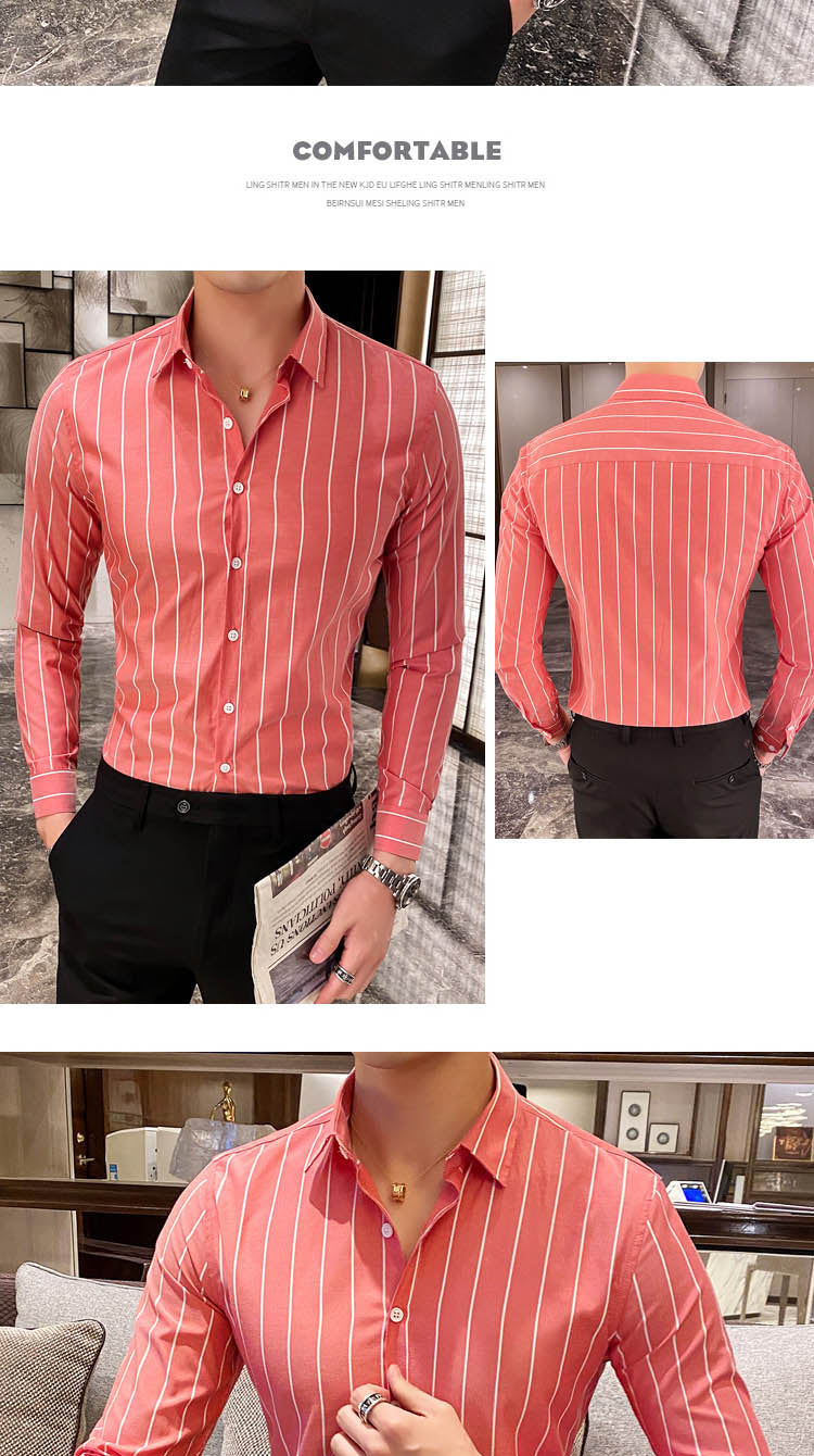 Fashion Men Shirts Button Down Slim Fit Long Sleeve Striped Shirts
