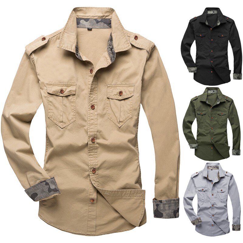 Long Sleeved Solid Color Slim Military Army Shirt