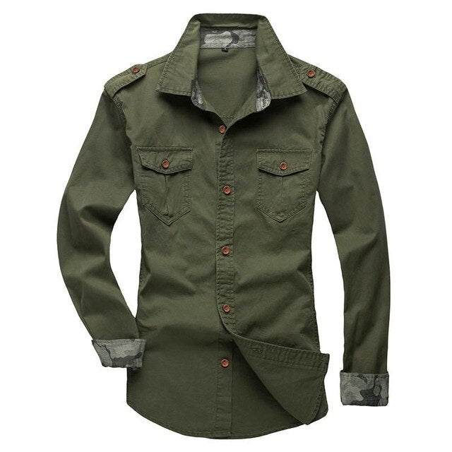 Long Sleeved Solid Color Slim Military Army Shirt
