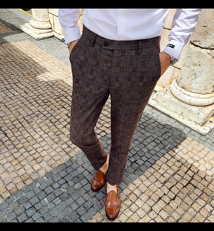 Plaid Suit Trousers Pants Men Office/Business Pants Slim Fit