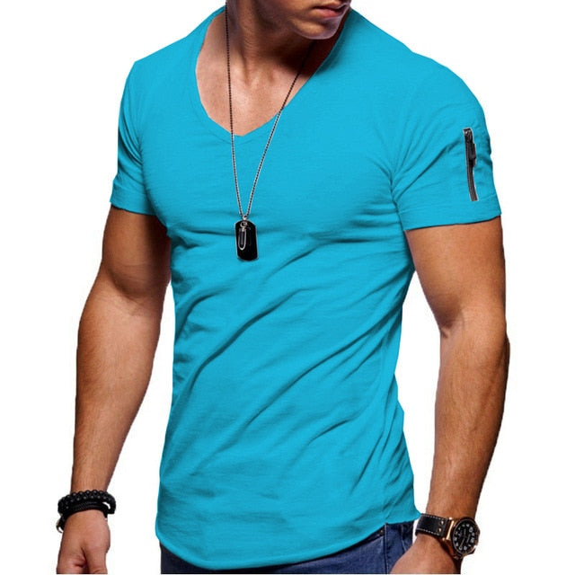 Men V-neck Cotton T-shirt Short-Sleeved Zipper Casual