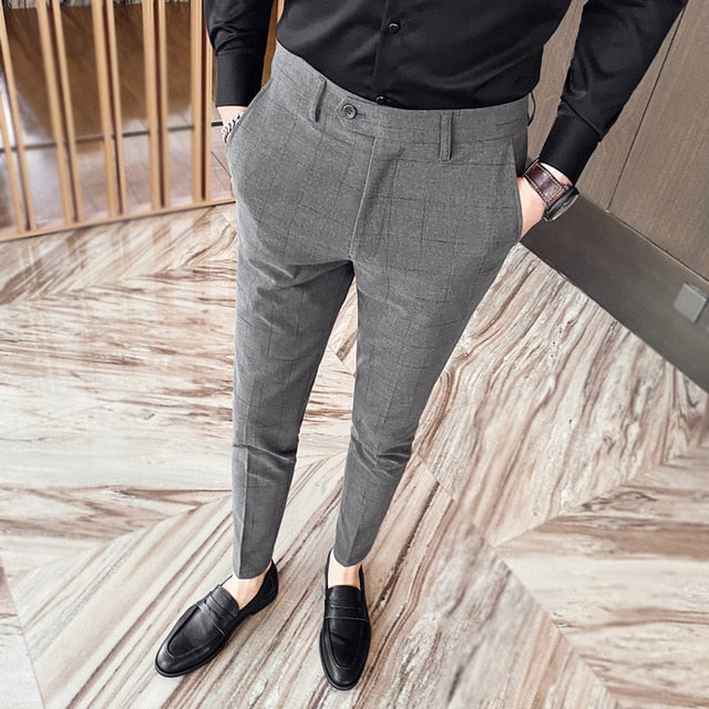 Plaid Suit Pans Men British Casual Slim Fit Formal Pants