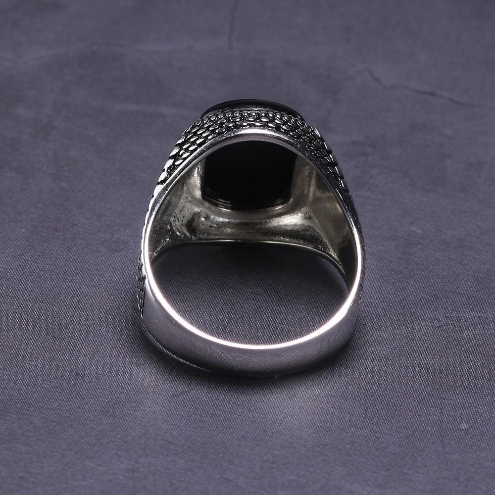 Black Ring Men's Real 925 Sterling Silver Natural Agate Stone Vintage Cool Fashion Ring