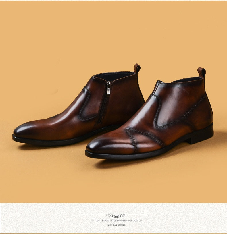 Men's Boots Calfskin Chelsea Boots Vintage Ankle Boots Italian Handmade Zip Boots