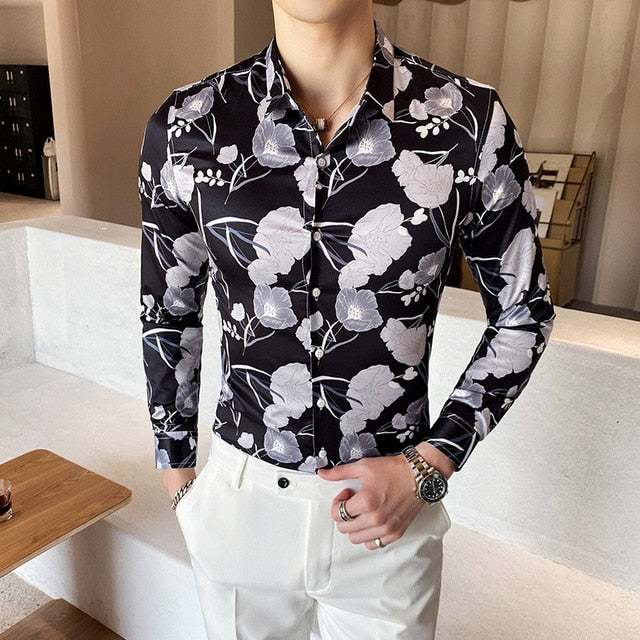 Vintage Print Long Sleeve Hawaiian Slim Fit Striped Shirts