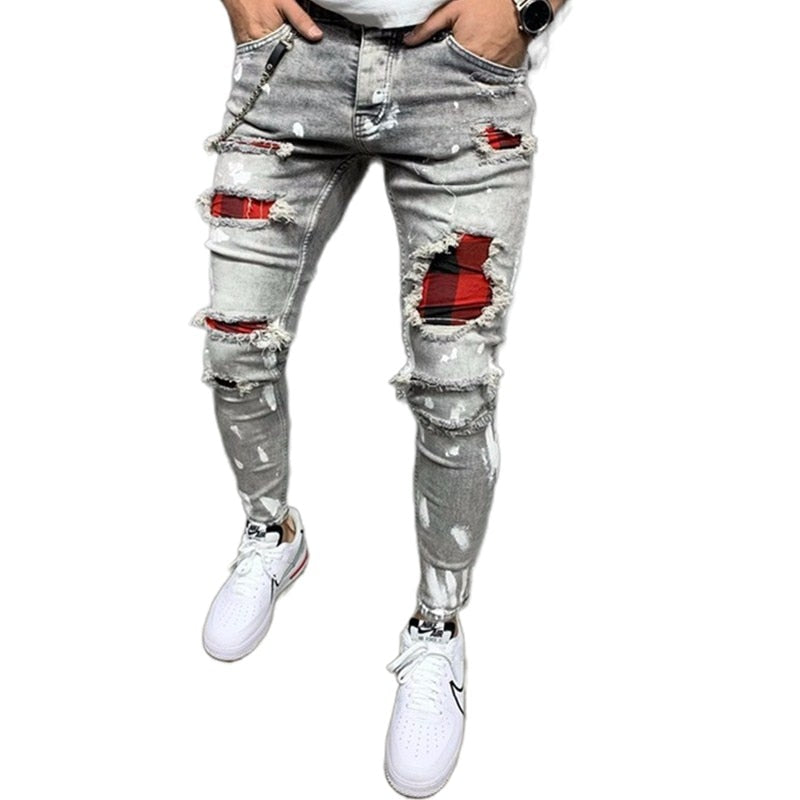 Slim-Fit Ripped Pants New Men's Painted Jeans Patch Pants