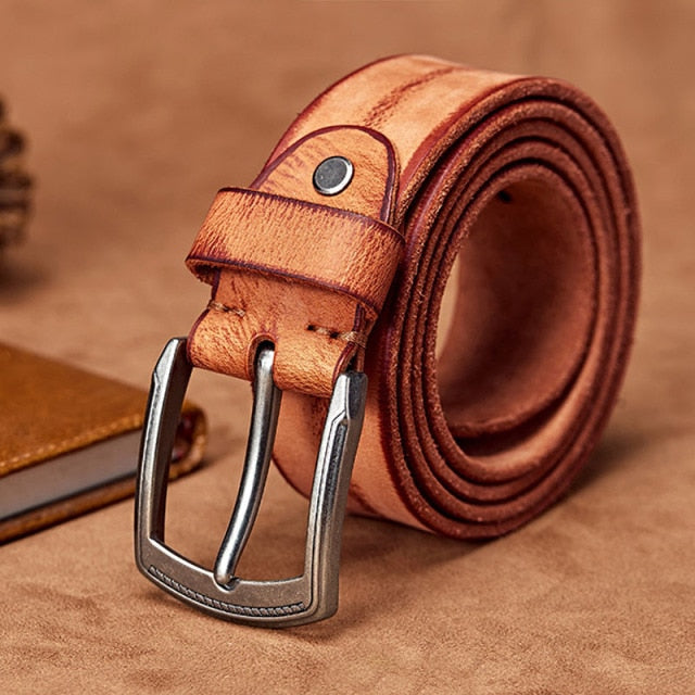 Men's Handmade Leather Belt with Alloy Pin Buckle