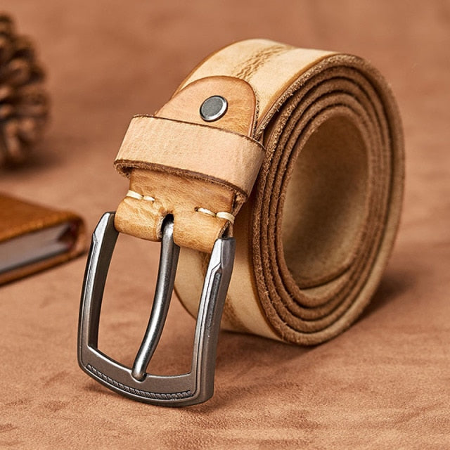Men's Handmade Leather Belt with Alloy Pin Buckle