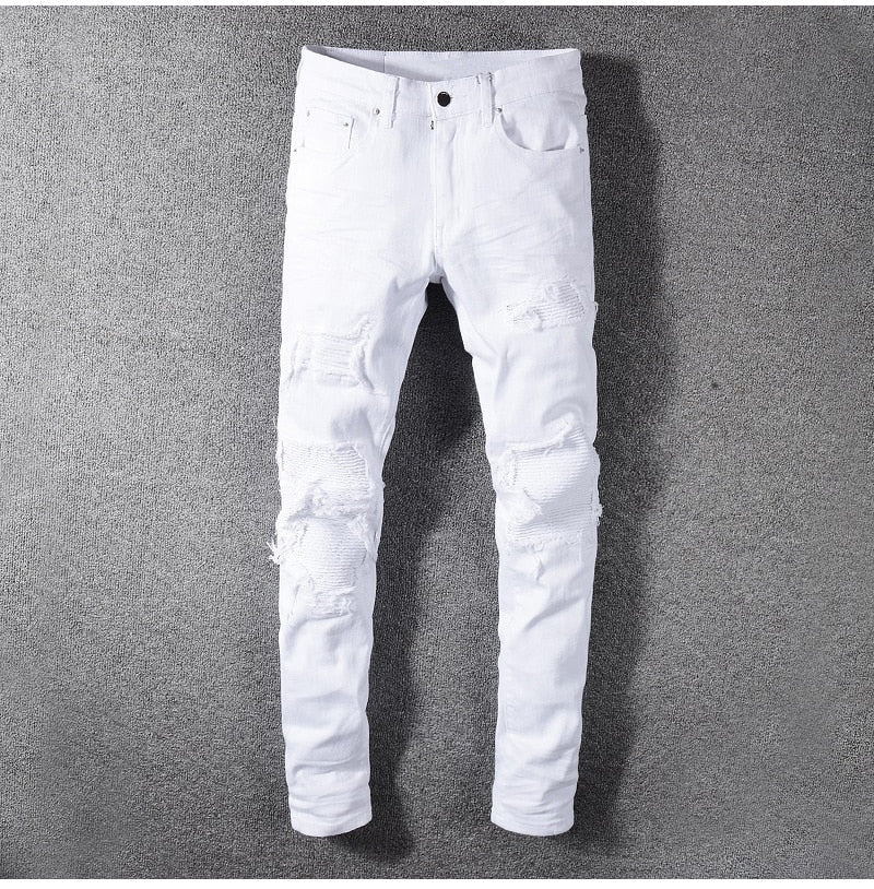 Men's white stretch ripped biker jeans Slim skinny pleated patchwork denim pants