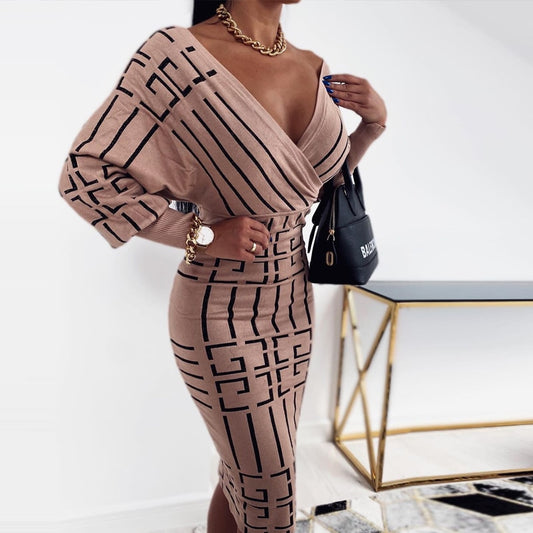 Ribbed Elegant Plaid Print Wrap Bodycon Midi Dress