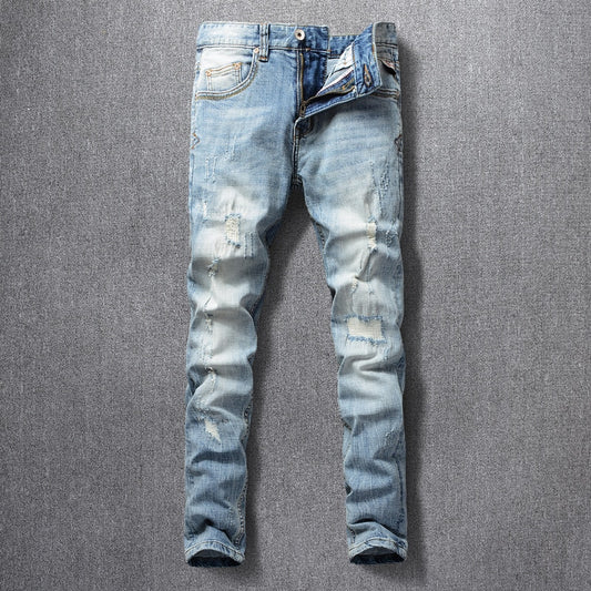 Italian Style Fashion Men Jeans Light Blue Elastic Slim Fit Ripped Denim Trousers Patchwork Vintage Pants