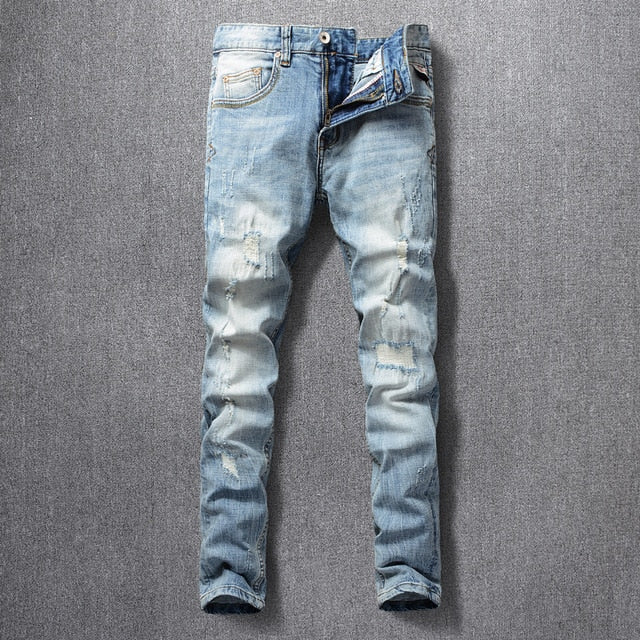 Italian Style Fashion Men Jeans Light Blue Elastic Slim Fit Ripped Denim Trousers Patchwork Vintage Pants