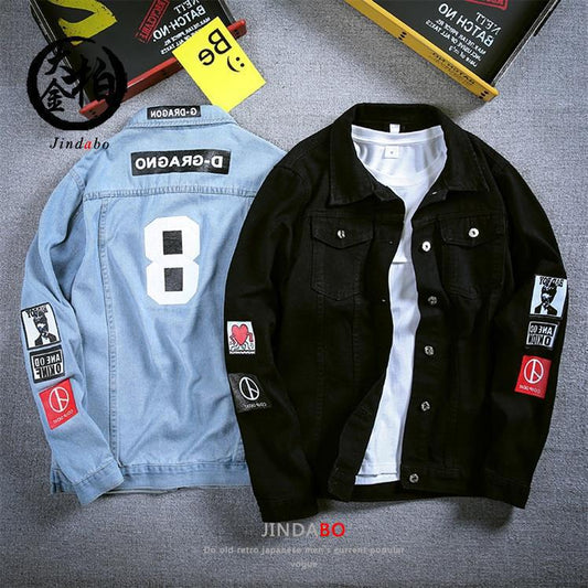 Denim blue jeans jacket long-sleeved letter print casual men's streetwear