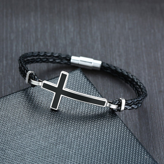 Casual Cross Charm Black Braided Leather Rope Bracelets