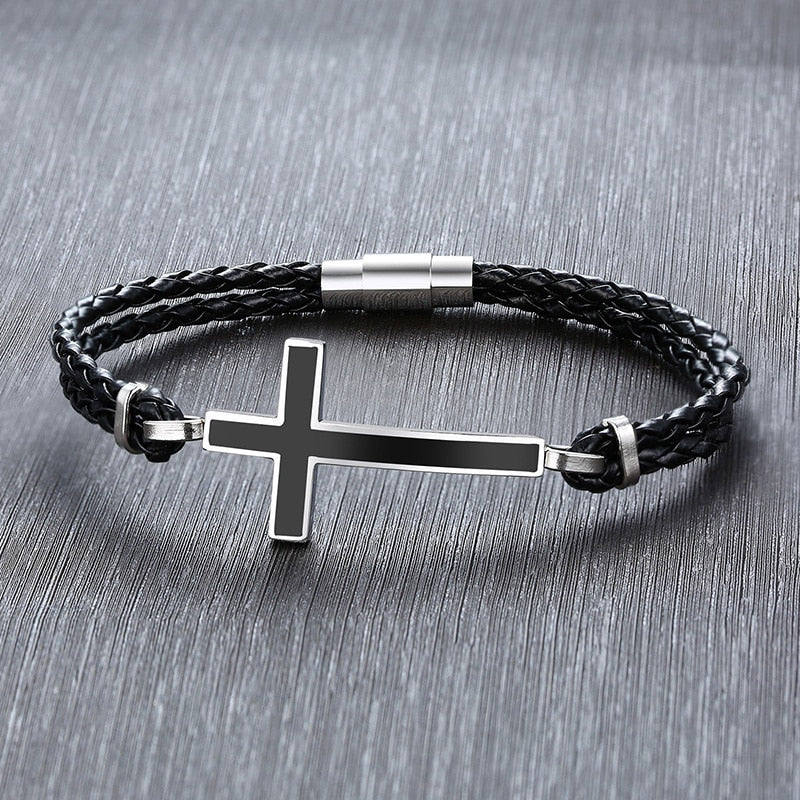Casual Cross Charm Black Braided Leather Rope Bracelets