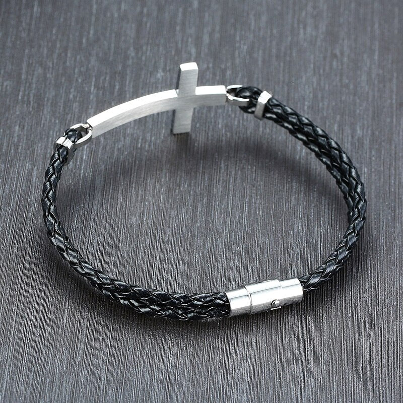 Casual Cross Charm Black Braided Leather Rope Bracelets