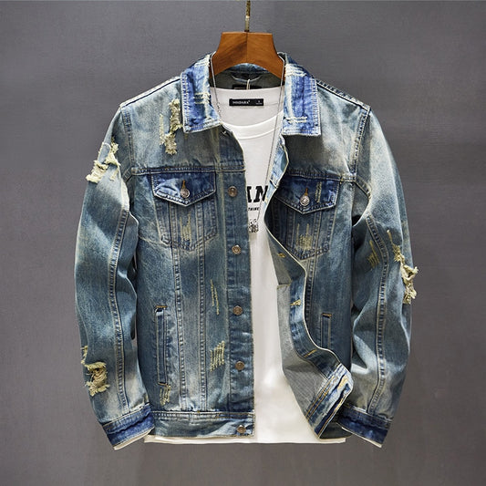 Men's Classic Retro Washed Distressed Hole Ripped Denim Jacket