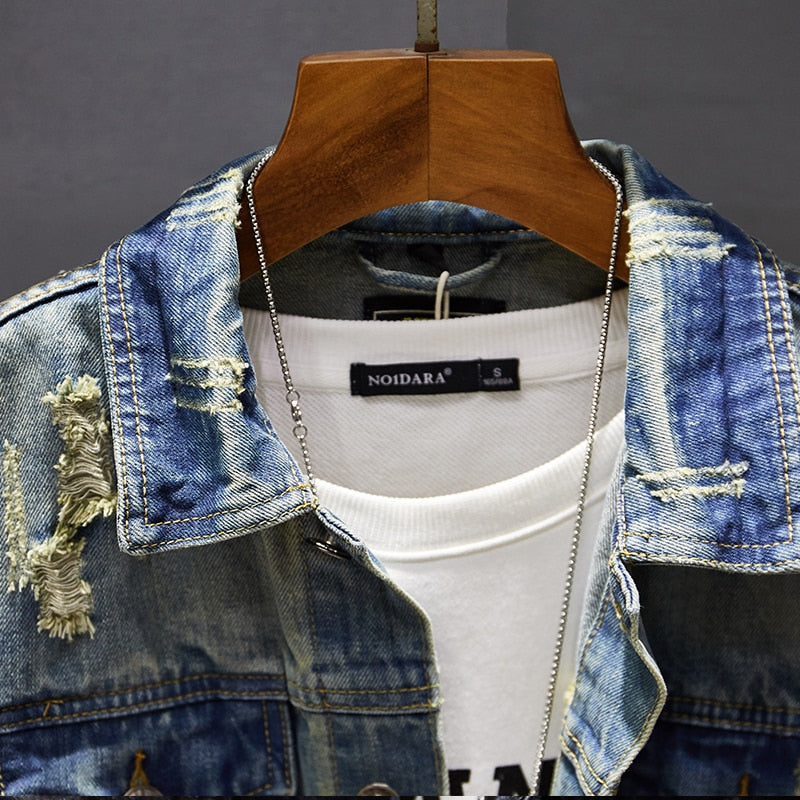 Men's Classic Retro Washed Distressed Hole Ripped Denim Jacket