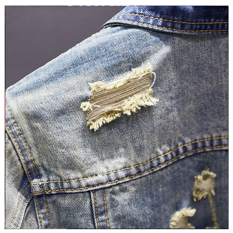 Men's Classic Retro Washed Distressed Hole Ripped Denim Jacket