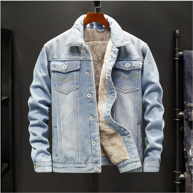 Winter Jean Jacket Men's Casual Streetwear Denim Warm Fleece Jacket